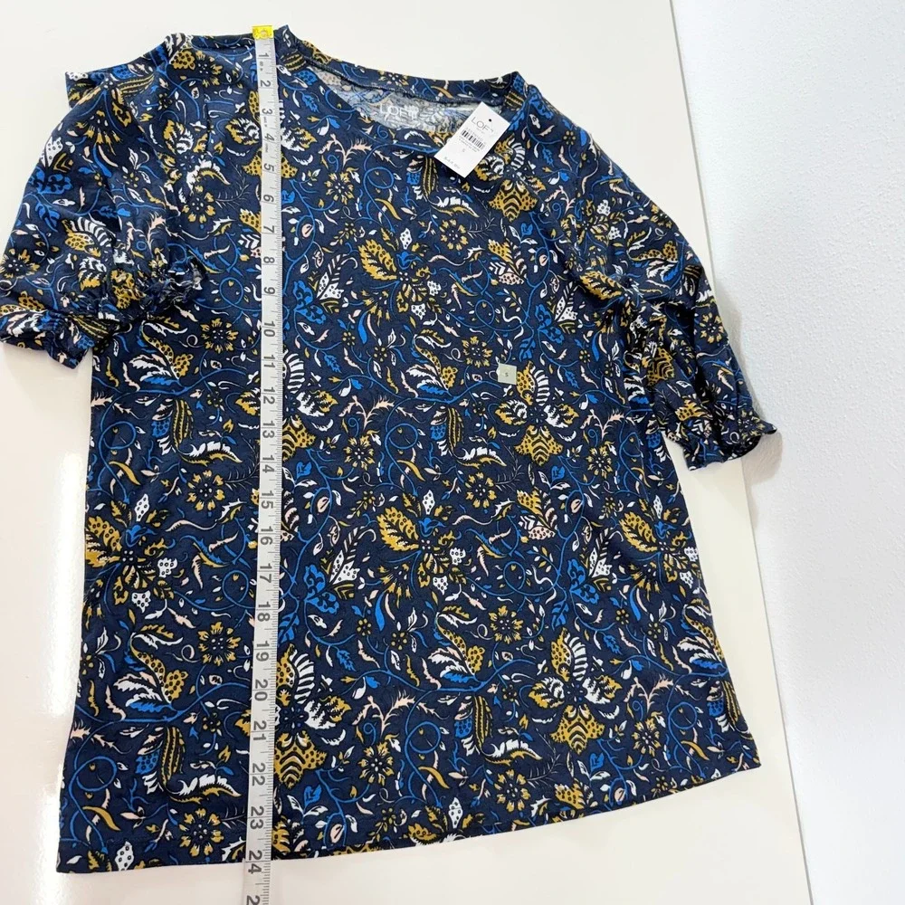 Loft NWT Floral Paisley Puff Ruffle Sleeve 100% Cotton Top Navy Blue Size Small